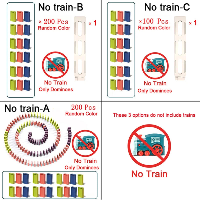 "Rode Magic Domino Trein automatiseert domino-opstelling in kleurrijke patronen, ideaal voor leerzaam kinderspel."