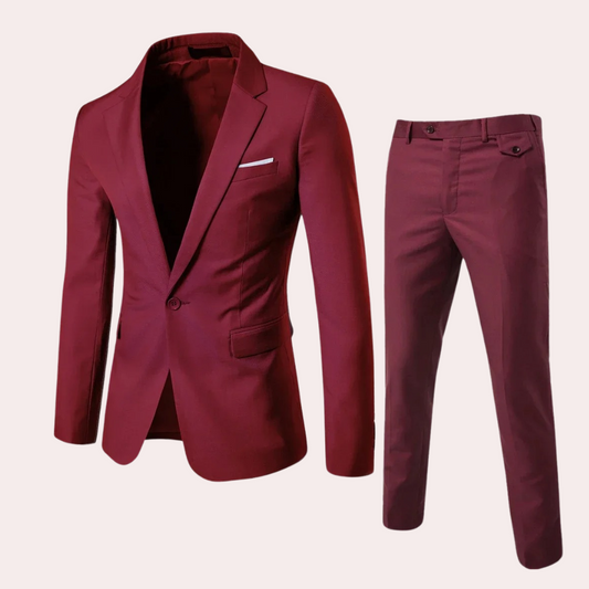 "Rood luxe heren zomerpak met stijlvolle blazer en pantalon, perfecte pasvorm, elegant voor formele gelegenheden."