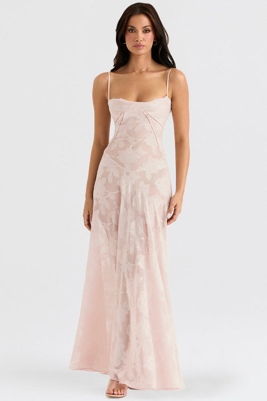 "Rugloze Elvina maxi jurk met geborduurde details, elegante lange jurk voor zomerse gelegenheden in vrouwenmode"