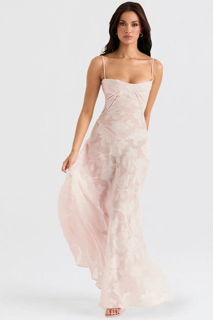 "Rugloze Elvina maxi jurk met geborduurde details, elegante lange jurk voor zomerse gelegenheden in vrouwenmode"
