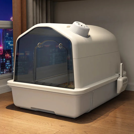 "Ruime geurvrije XL kattenbak met modern design, grijs, afgesloten voor fris huis en comfort voor grote katten."