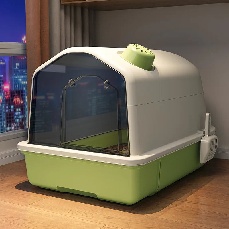 "Ruime geurvrije XL kattenbak met modern design, grijs, afgesloten voor fris huis en comfort voor grote katten."