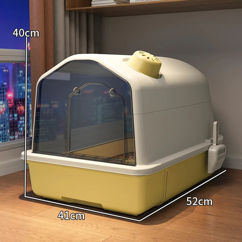 "Ruime geurvrije XL kattenbak met modern design, grijs, afgesloten voor fris huis en comfort voor grote katten."