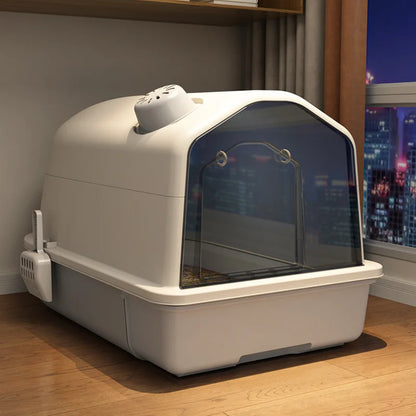 "Ruime geurvrije XL kattenbak met modern design, grijs, afgesloten voor fris huis en comfort voor grote katten."