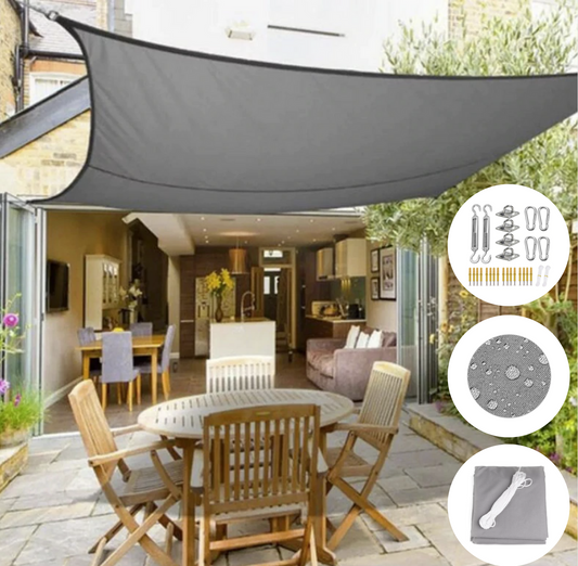 "ShadeMax schaduwdoek op terras, waterdicht, UV-bescherming, driehoekige vorm, voor tuin en balkon, beige kleur."