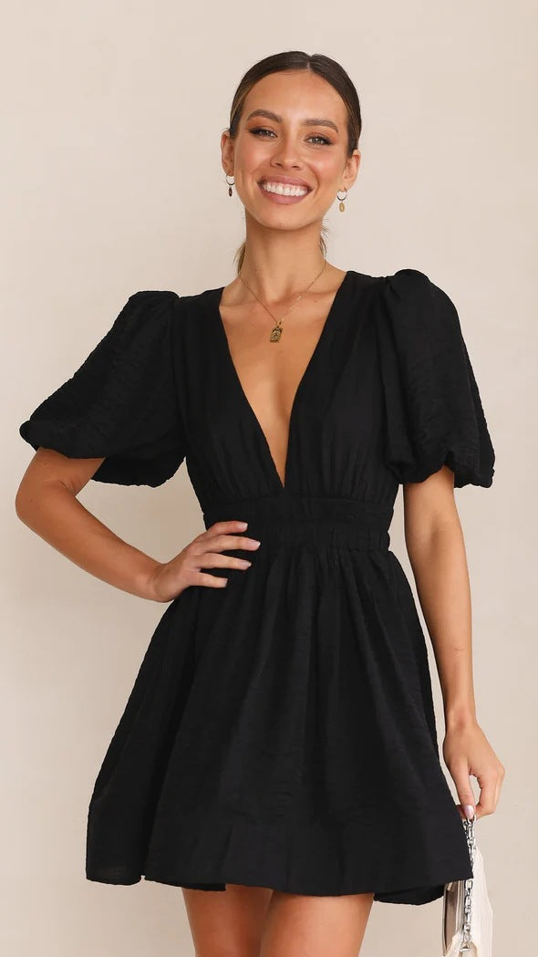 "Sifra zomerjurk met vierkante hals en pofmouwen, lichtblauwe elegante mini dress met flared rok voor damesmode"