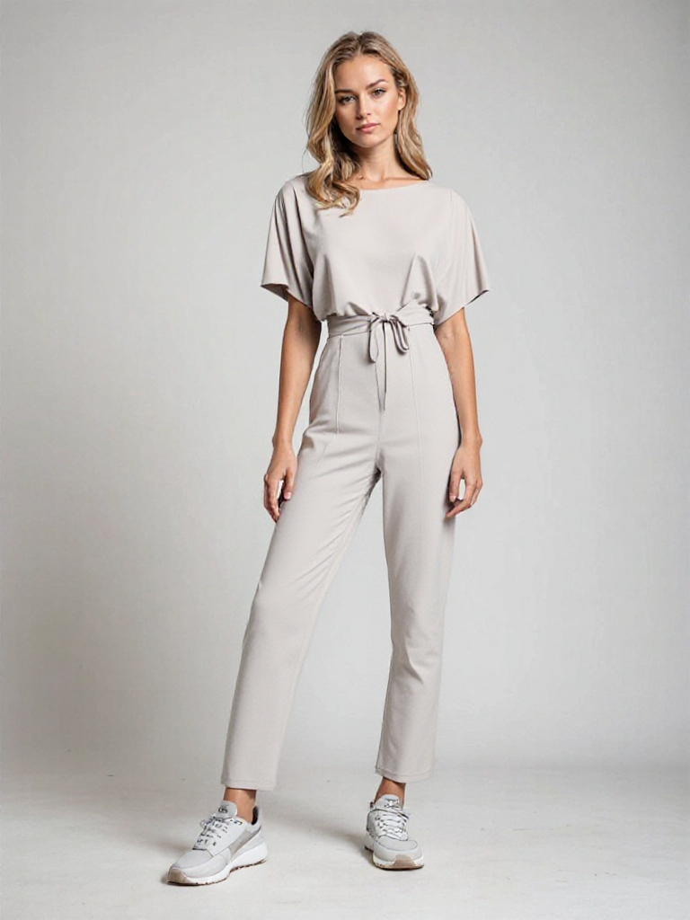"Sophie dames jumpsuit, elegant met korte mouwen en flatterende taille in beige, ideaal voor elke gelegenheid."