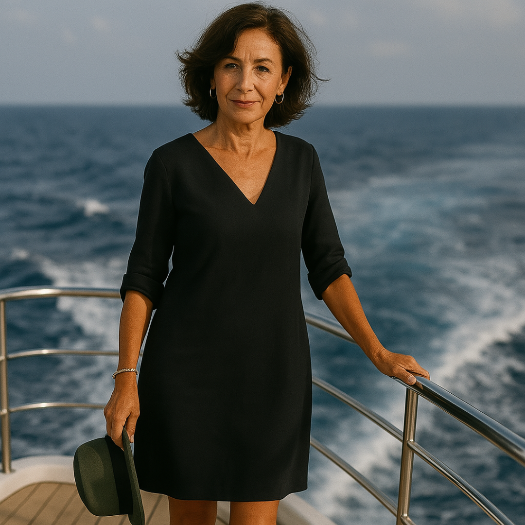"Sophie zomerjurk donkerblauw, elegant ontwerp, luchtige stof, dameskleding, ideaal voor stijlvolle en comfortabele zomerdage