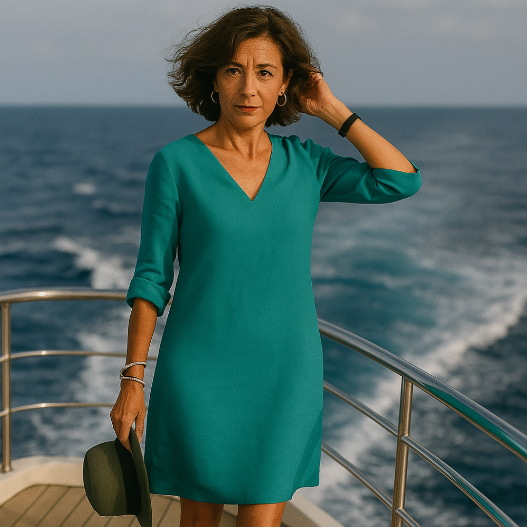"Sophie zomerjurk donkerblauw, elegant ontwerp, luchtige stof, dameskleding, ideaal voor stijlvolle en comfortabele zomerdage