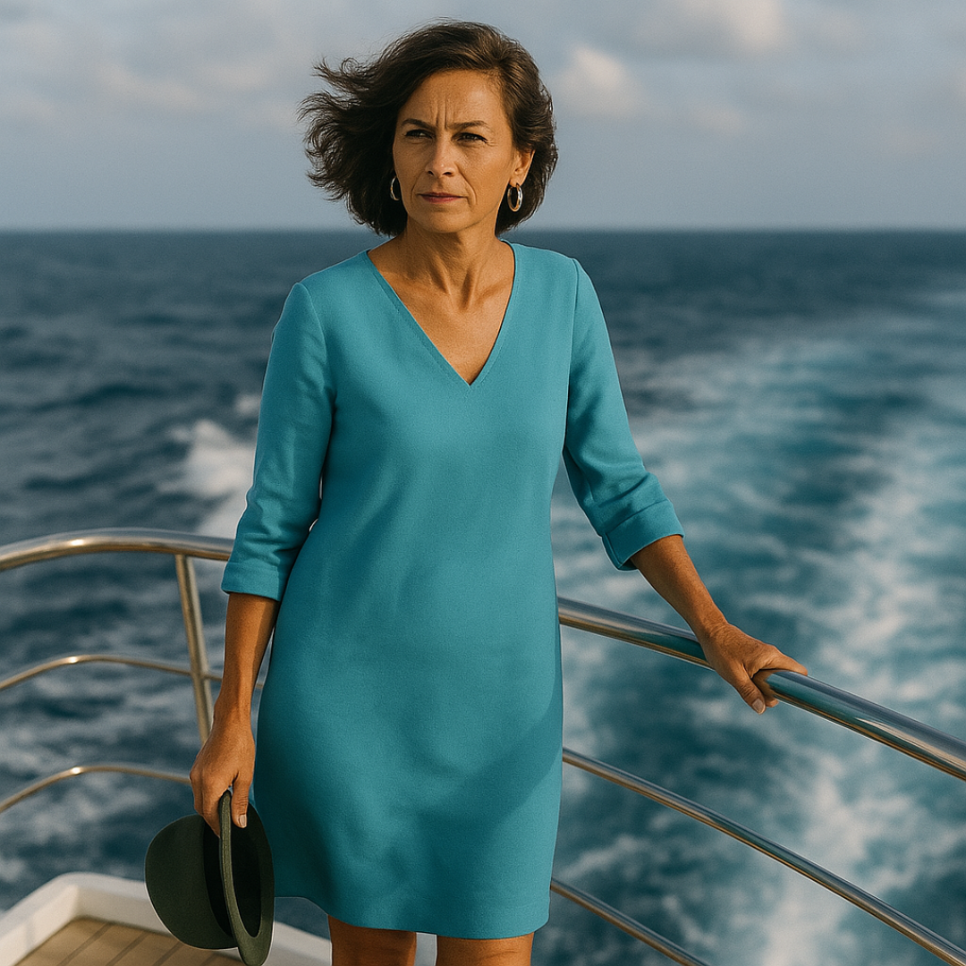 "Sophie zomerjurk donkerblauw, elegant ontwerp, luchtige stof, dameskleding, ideaal voor stijlvolle en comfortabele zomerdage