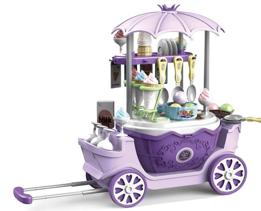 Speelgoed ijskar voor kinderen met kleurrijke accessoires zoals ijsjes, lolly's en bekers voor creatief rollenspel.