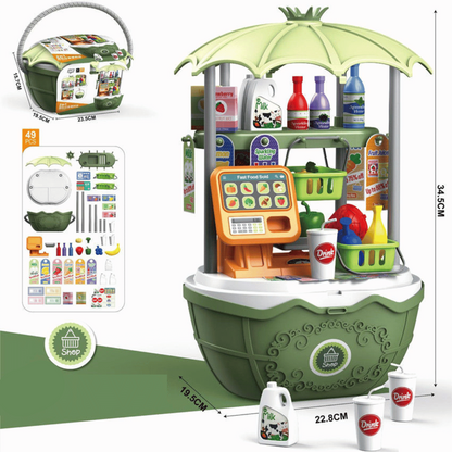 Speelgoed ijskar voor kinderen met kleurrijke accessoires zoals ijsjes, lolly's en bekers voor creatief rollenspel.