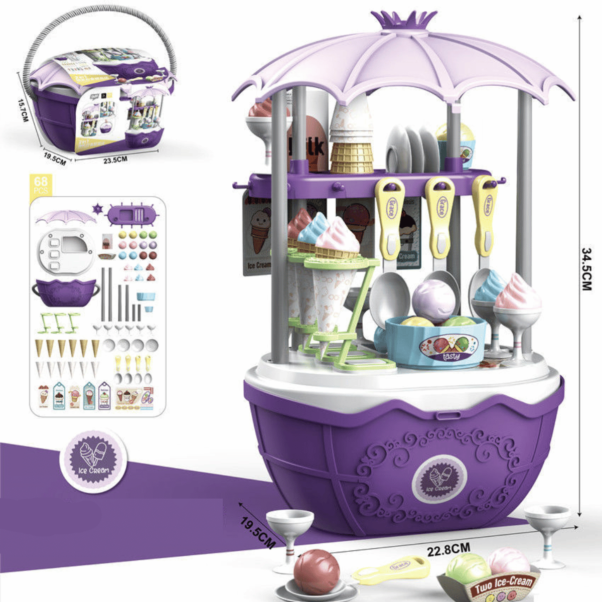 Speelgoed ijskar voor kinderen met kleurrijke accessoires zoals ijsjes, lolly's en bekers voor creatief rollenspel.