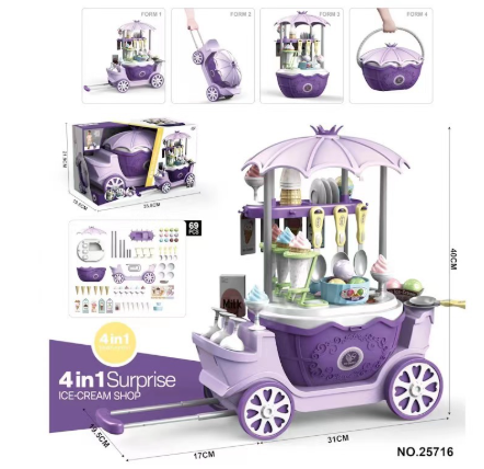 Speelgoed ijskar voor kinderen met kleurrijke accessoires zoals ijsjes, lolly's en bekers voor creatief rollenspel.