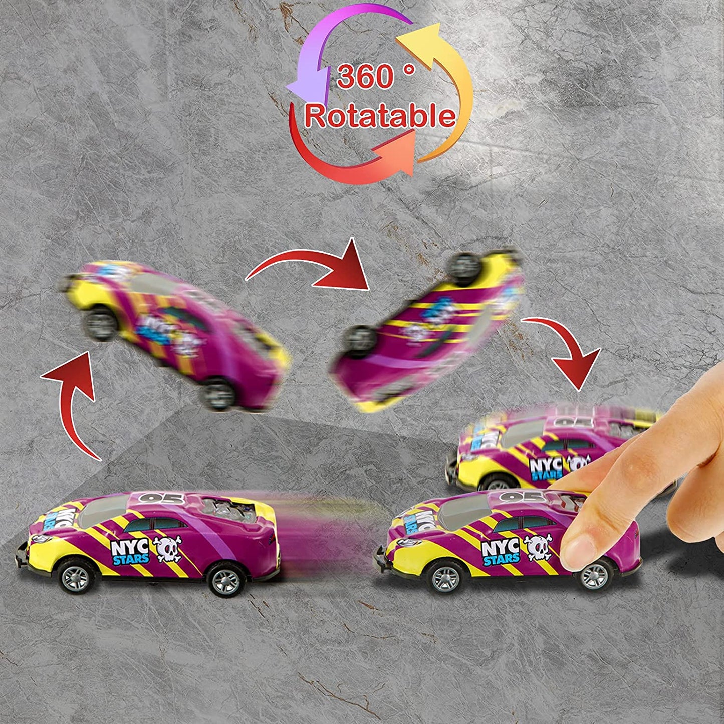 "Speelgoedauto's met kleurrijke ontwerpen en stuntmogelijkheden, onderdeel van de 8-delige Stunt Cars™ set voor kinderen."