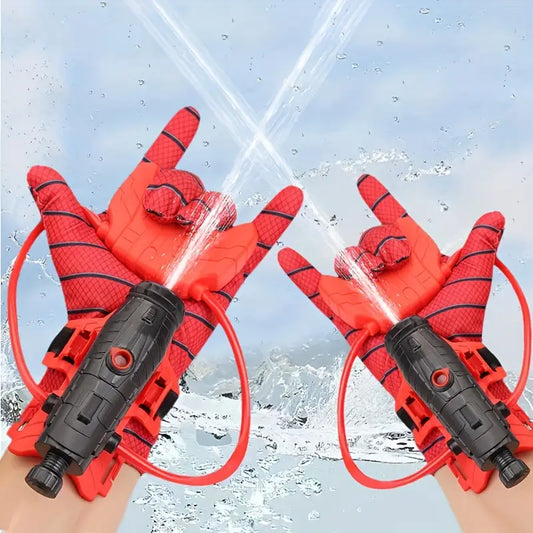 "Spider Web Water Blaster Handschoenen voor kinderen, rood-blauw, geïnspireerd op superhelden, ideaal voor buitenspellen."