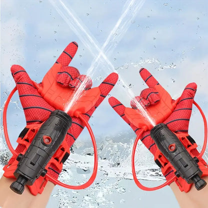 "Spider Web Water Blaster Handschoenen voor kinderen, rood-blauw, geïnspireerd op superhelden, ideaal voor buitenspellen."