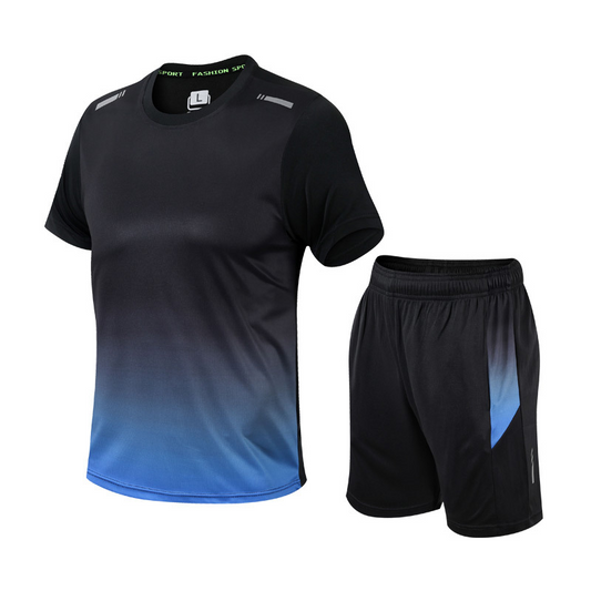 "Sportieve mannenkleding set met blauw shirt en zwarte korte broek, ideaal voor sport en vrijetijdsbesteding."