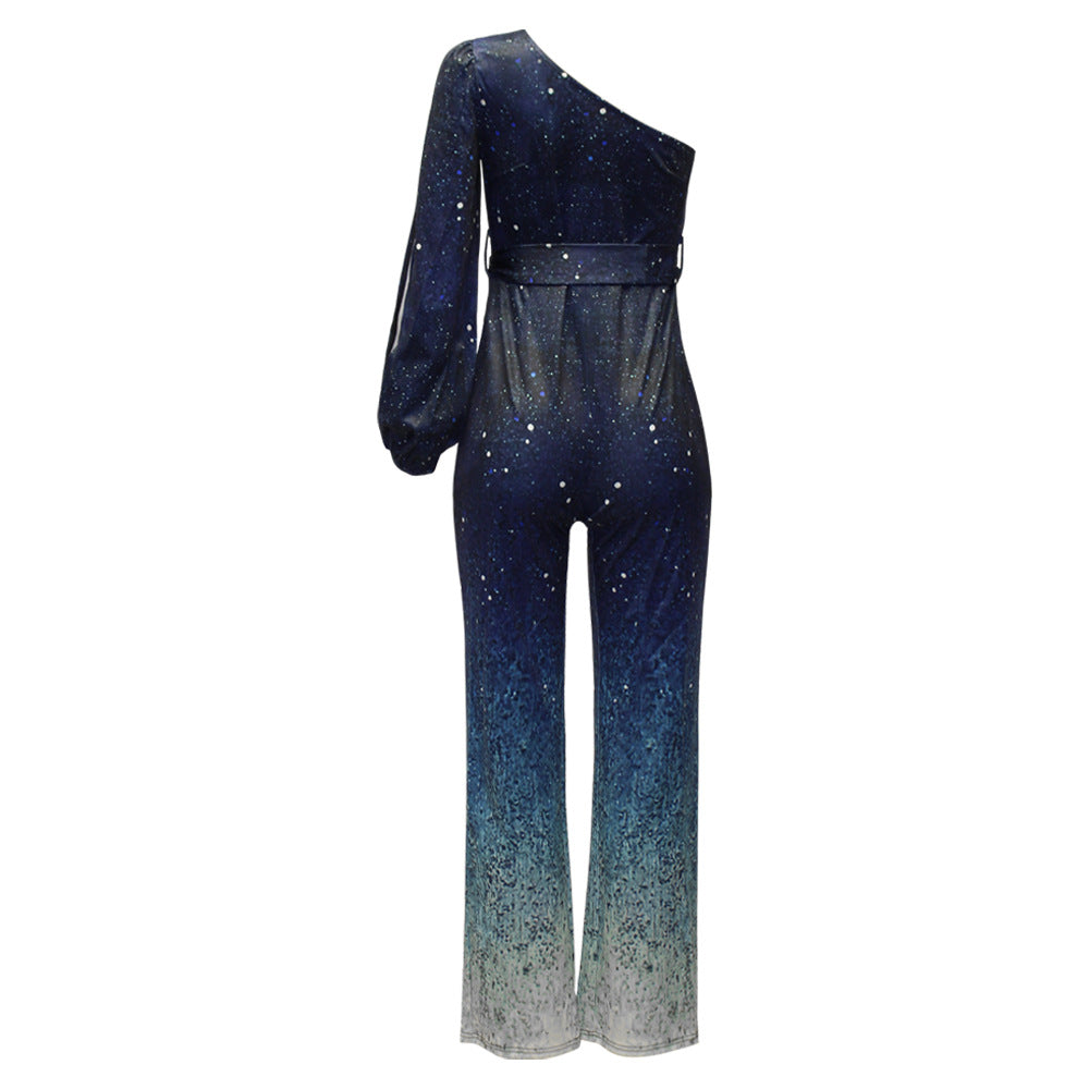 "Sprankelende one shoulder jumpsuit met ombre wijde pijpen, retro disco glamour, perfect voor feestelijke gelegenheden."