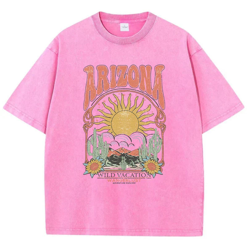 "Stijlvol Dalina Vintage T-shirt voor dames, extra zacht gewassen katoen, relaxte pasvorm in blauw en groen."