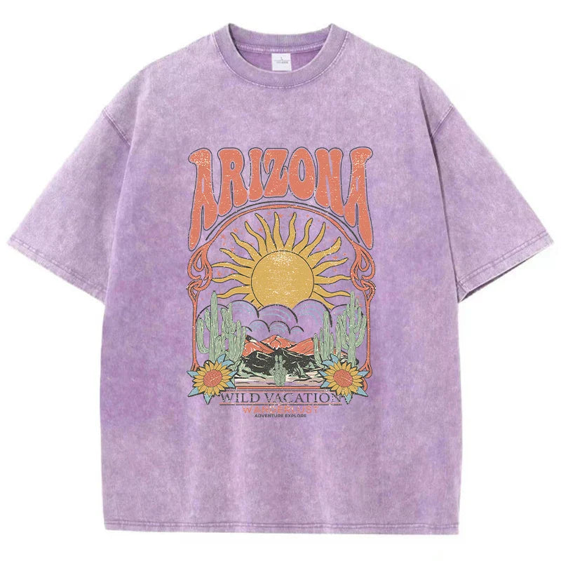 "Stijlvol Dalina Vintage T-shirt voor dames, extra zacht gewassen katoen, relaxte pasvorm in blauw en groen."