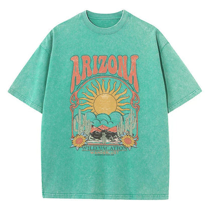 "Stijlvol Dalina Vintage T-shirt voor dames, extra zacht gewassen katoen, relaxte pasvorm in blauw en groen."