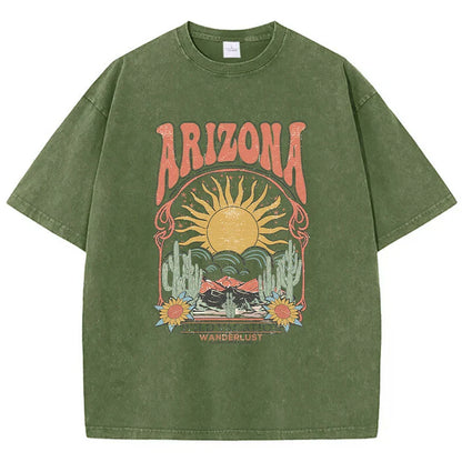 "Stijlvol Dalina Vintage T-shirt voor dames, extra zacht gewassen katoen, relaxte pasvorm in blauw en groen."