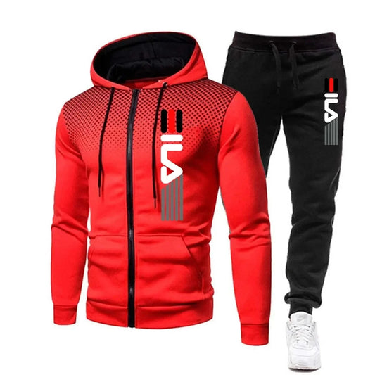 "Stijlvol en functioneel heren trainingspak in blauw, grijs, rood, zwart en wit; comfortabele pasvorm; winterbestendig."