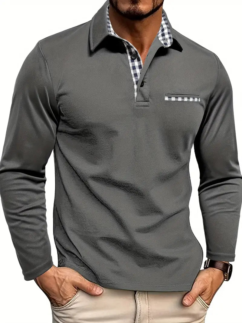 Stijlvol heren poloshirt met lange mouwen, comfortabele pasvorm, geschikt voor casual en smart-casual outfits.