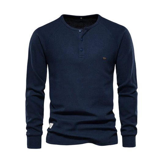 "Stijlvol herenlangemouwenshirt marineblauw, ronde hals, knoopsluiting, zachte ademende stof voor dagelijks gebruik en comfor