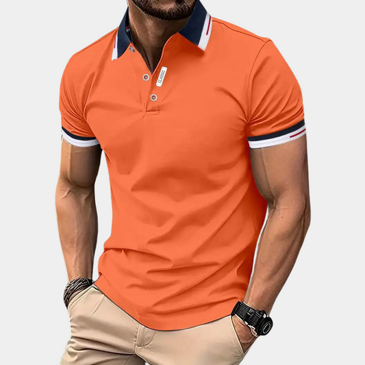 "Stijlvol oranje poloshirt voor heren met contrastkleurige kraag, mouwranden en elegante knoopsluiting, ideaal voor casual en