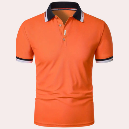 "Stijlvol oranje poloshirt voor heren met contrastkleurige kraag, mouwranden en elegante knoopsluiting, ideaal voor casual en