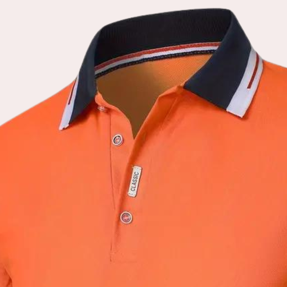 "Stijlvol oranje poloshirt voor heren met contrastkleurige kraag, mouwranden en elegante knoopsluiting, ideaal voor casual en