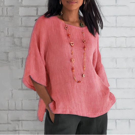 "Stijlvolle ademende linnen blouse voor vrouwen in blauw, geel of grijs, ideaal voor casual en formele outfits."