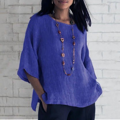 "Stijlvolle ademende linnen blouse voor vrouwen in blauw, geel of grijs, ideaal voor casual en formele outfits."