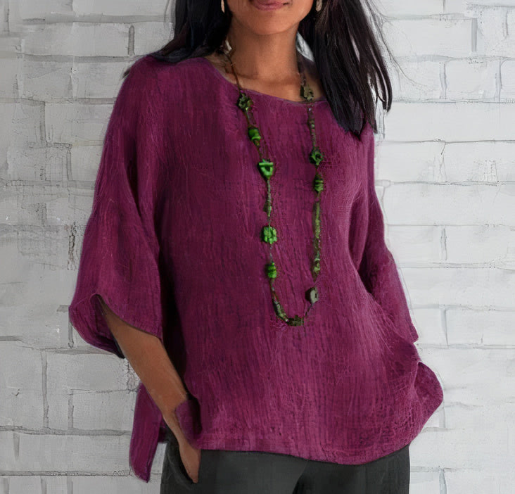 "Stijlvolle ademende linnen blouse voor vrouwen in blauw, geel of grijs, ideaal voor casual en formele outfits."