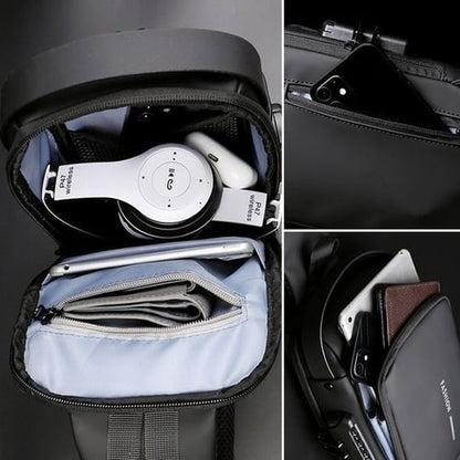 "Stijlvolle anti-diefstal crossbody tas voor dames in zwart, met verstopte ritsen en USB-poort, lakleer en polyester."