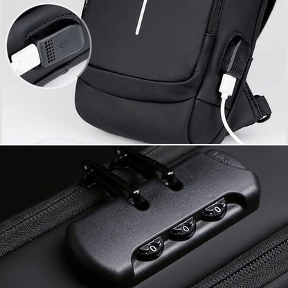 "Stijlvolle anti-diefstal crossbody tas voor dames in zwart, met verstopte ritsen en USB-poort, lakleer en polyester."