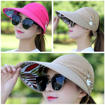 "Stijlvolle anti-UV strandhoed dames, brede rand, opvouwbaar, lichtgewicht polyester, effectieve zonbescherming."