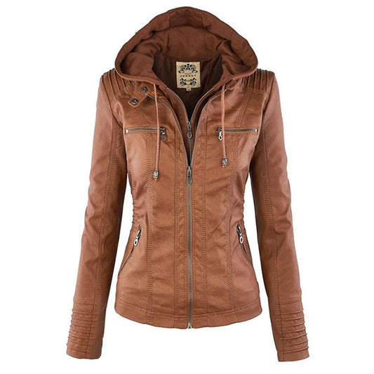 "Stijlvolle dames leren zomerjas, elegant design in zwart, bruin of khaki, met moderne ritssluiting en afneembare capuchon."