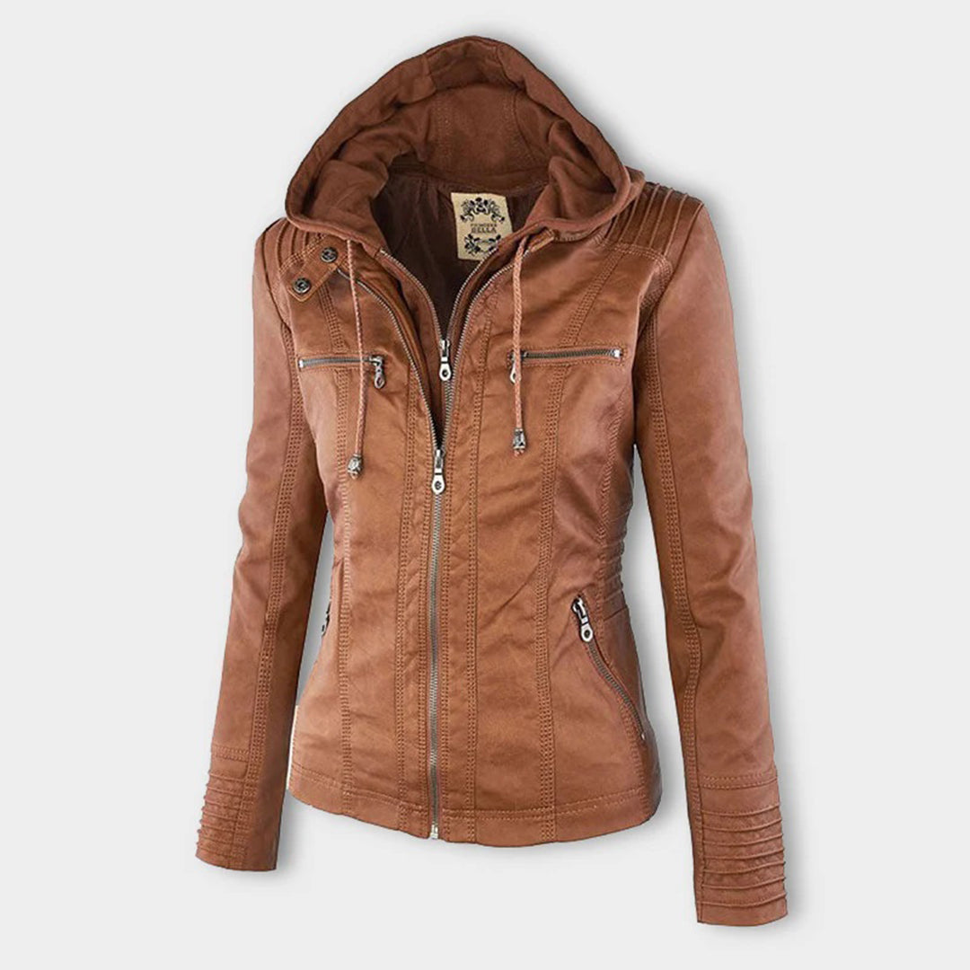 "Stijlvolle dames leren zomerjas, elegant design in zwart, bruin of khaki, met moderne ritssluiting en afneembare capuchon."