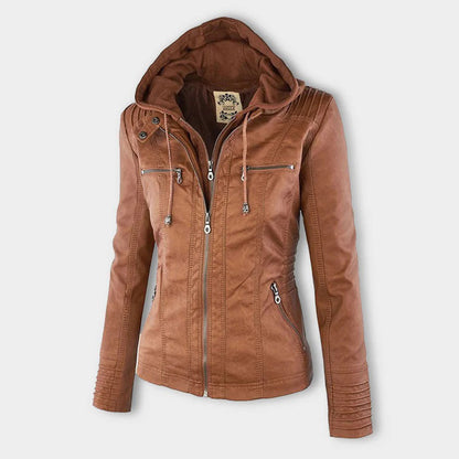 "Stijlvolle dames leren zomerjas, elegant design in zwart, bruin of khaki, met moderne ritssluiting en afneembare capuchon."
