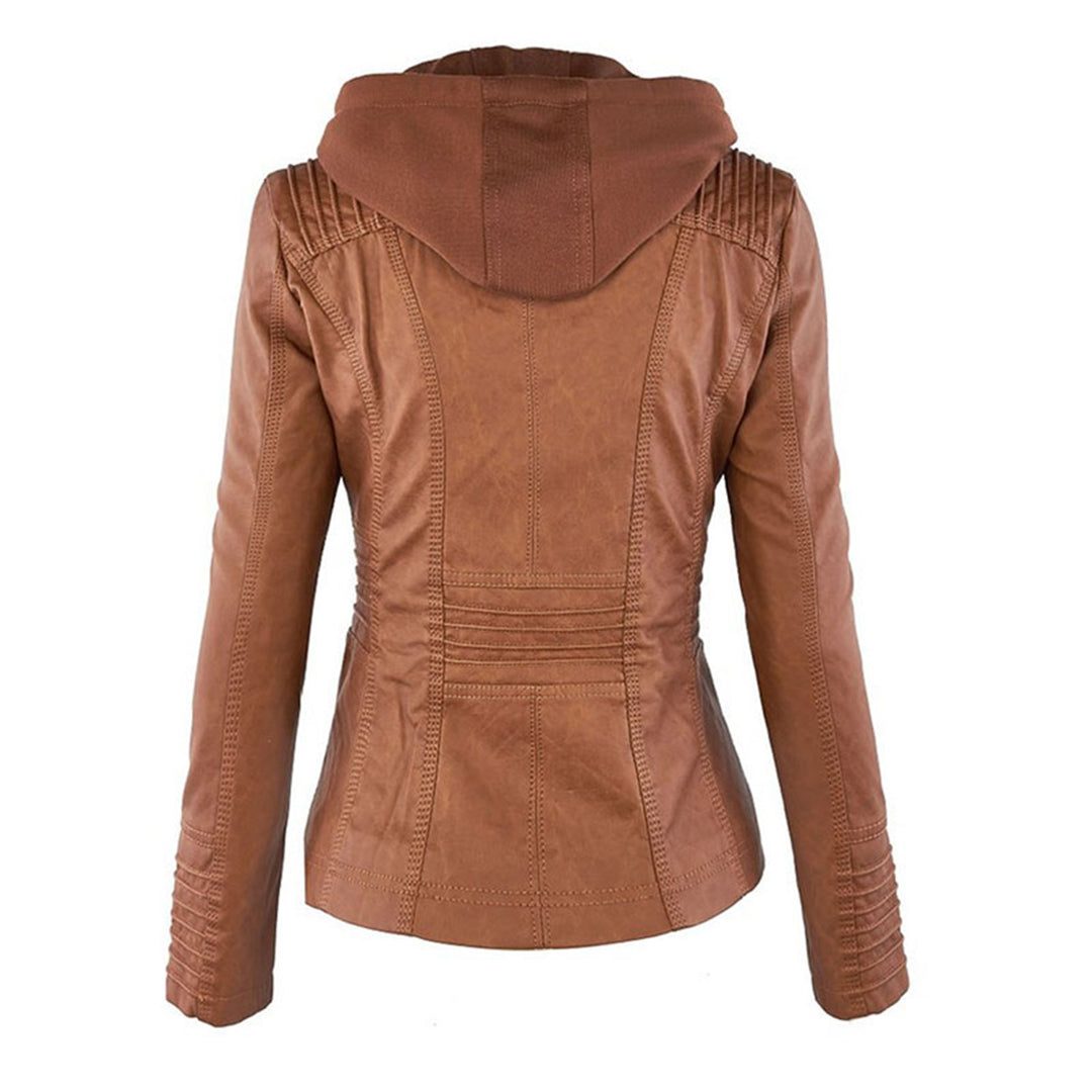"Stijlvolle dames leren zomerjas, elegant design in zwart, bruin of khaki, met moderne ritssluiting en afneembare capuchon."