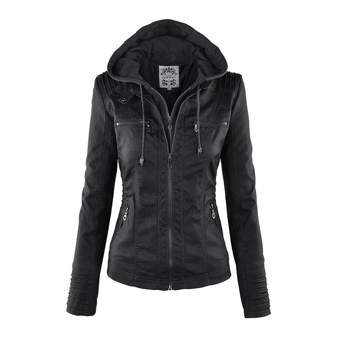 "Stijlvolle dames leren zomerjas, elegant design in zwart, bruin of khaki, met moderne ritssluiting en afneembare capuchon."