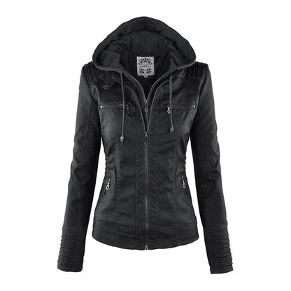 "Stijlvolle dames leren zomerjas, elegant design in zwart, bruin of khaki, met moderne ritssluiting en afneembare capuchon."