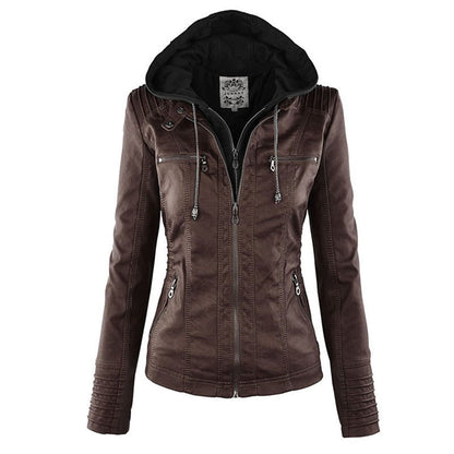 "Stijlvolle dames leren zomerjas, elegant design in zwart, bruin of khaki, met moderne ritssluiting en afneembare capuchon."
