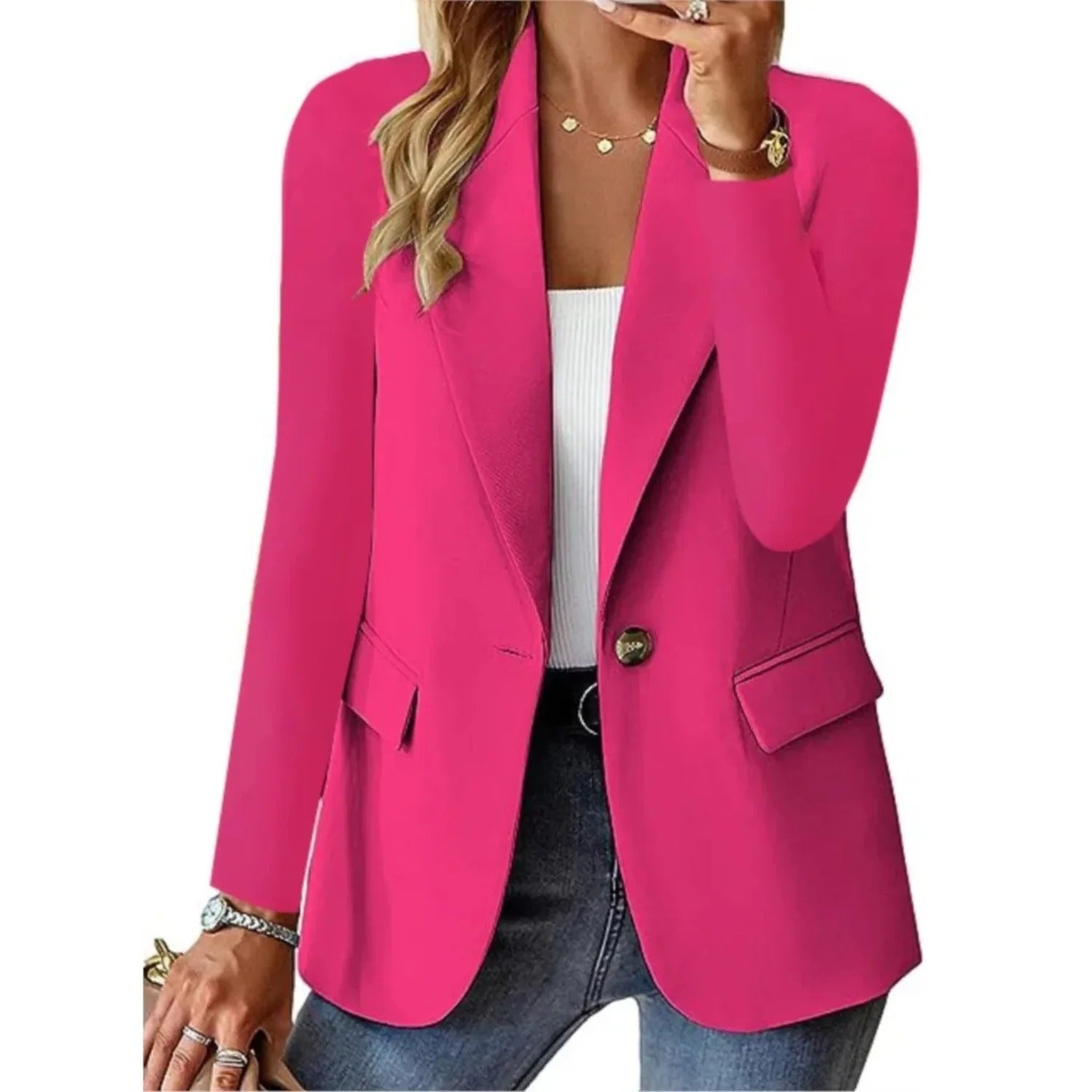 "Stijlvolle damesblazer met lange mouwen, tijdloos ontwerp, verkrijgbaar in diverse kleuren, geschikt voor elke gelegenheid."