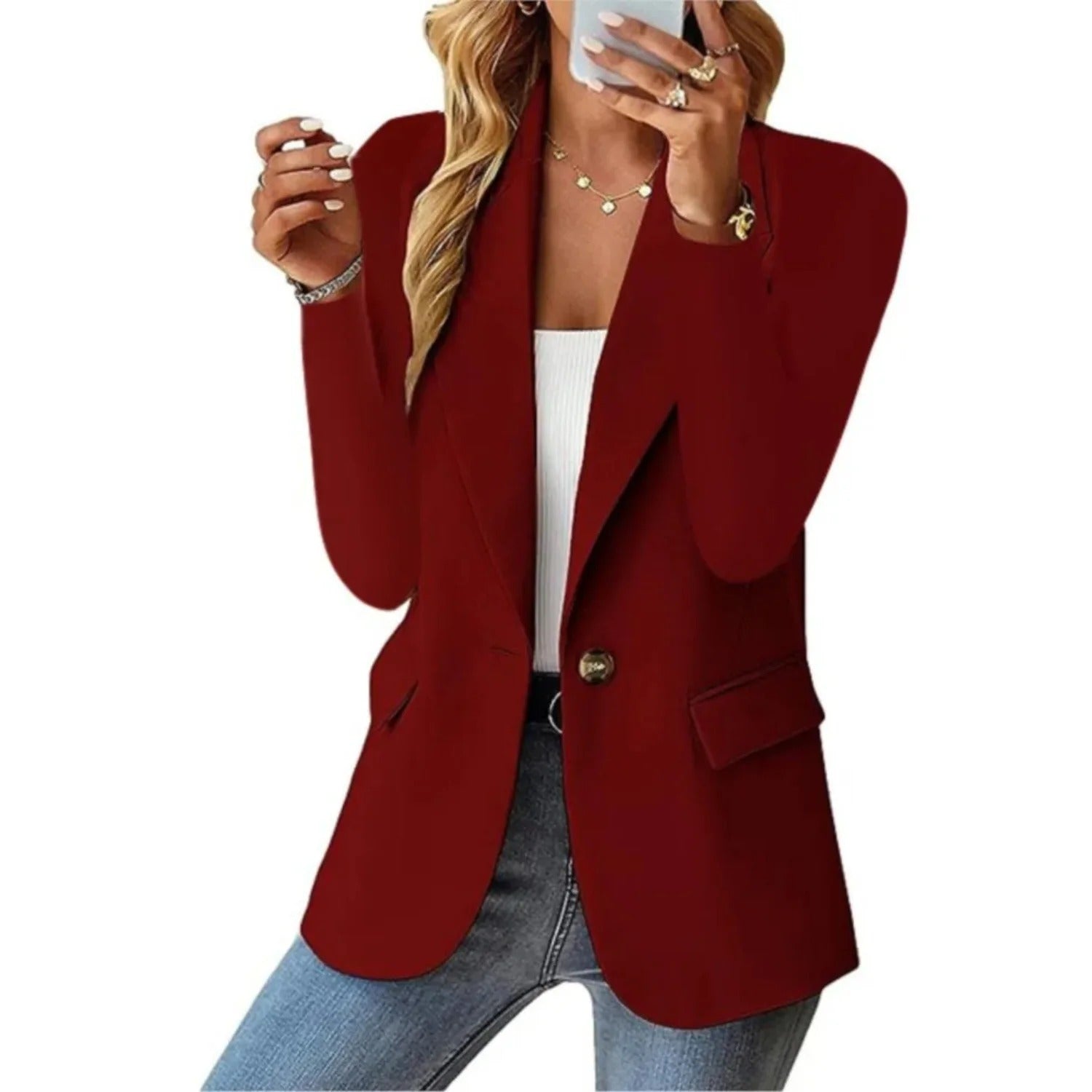 "Stijlvolle damesblazer met lange mouwen, tijdloos ontwerp, verkrijgbaar in diverse kleuren, geschikt voor elke gelegenheid."