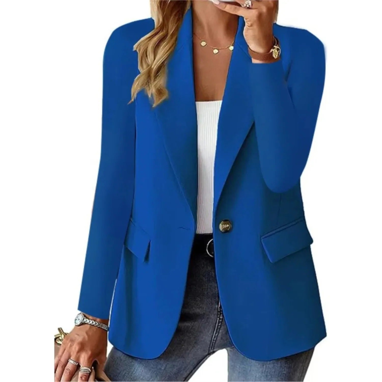 "Stijlvolle damesblazer met lange mouwen, tijdloos ontwerp, verkrijgbaar in diverse kleuren, geschikt voor elke gelegenheid."
