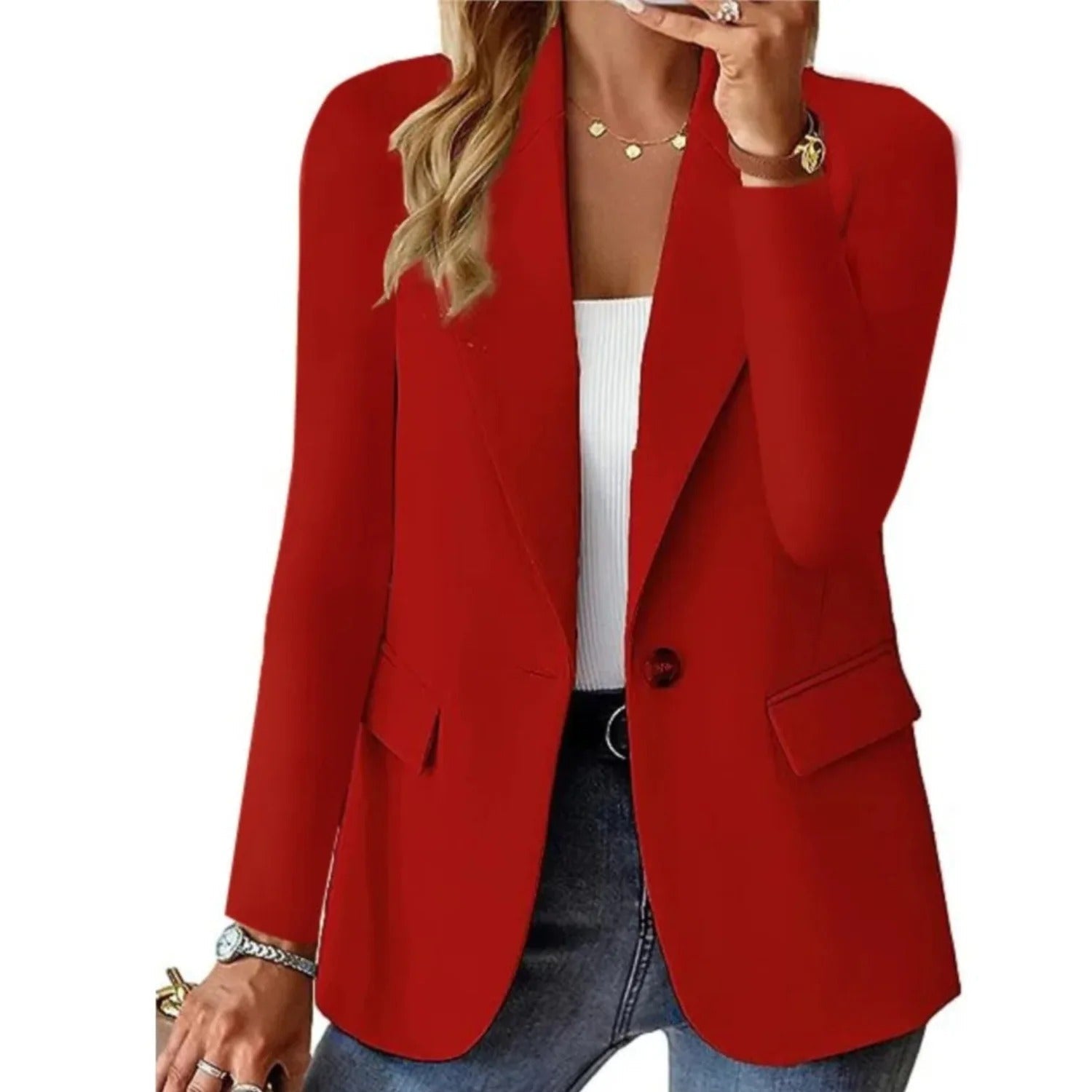 "Stijlvolle damesblazer met lange mouwen, tijdloos ontwerp, verkrijgbaar in diverse kleuren, geschikt voor elke gelegenheid."